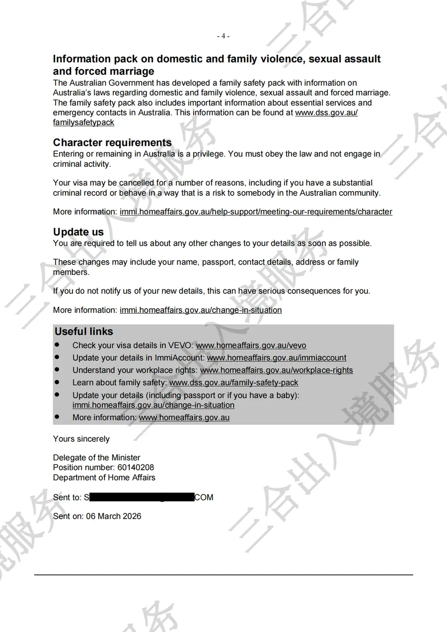 Visa grant document page 4 for the South Australian construction case